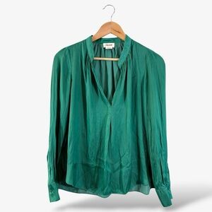 Zadig & Voltaire Tink Satin Blouse XS Emerald Green Split V-Neck Long Sleeve